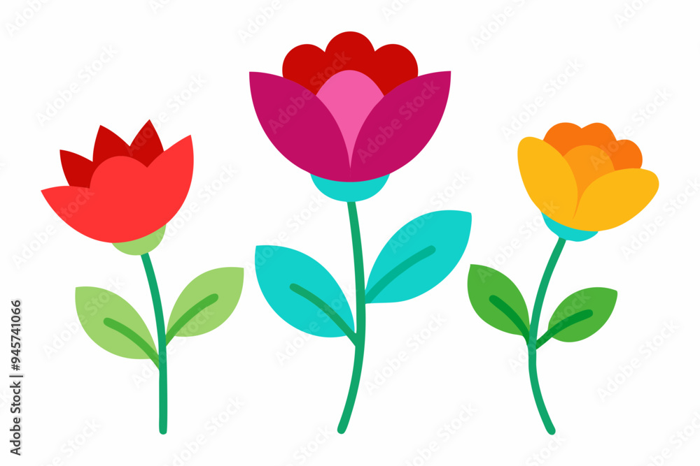 Colorful Flower Drawing: Vibrant Blooms on a White Background Colorful Flower Drawing: Vibrant Blooms on a White Background
