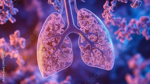 Graphic showing the progression of Chronic Obstructive Pulmonary Disease (COPD) in the lungs, highlighting damaged airways and overinflated alveoli. photo