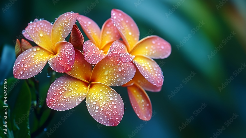 Fototapeta premium A close-up of vibrant pink and yellow flowers adorned with water droplets.