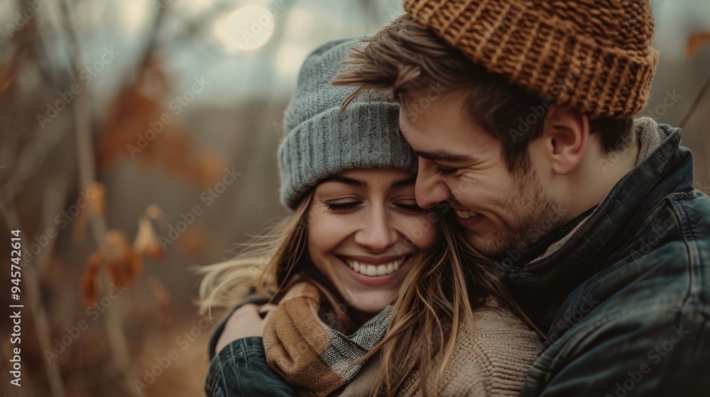 Fototapeta premium Embracing fresh air and engaging in outdoor activities. Loving young couple hugging and smiling together on nature background
