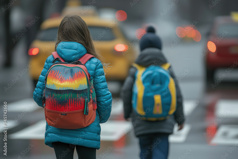 Obraz premium Girl And Boy With Backpacks Carefully Cross Road On Pedestrian Crossing On Their Way To School, Pedestrian Safety Car