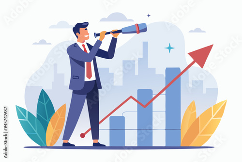 Economic growth forecast, GDP prediction or business vision to grow investment or business, increase profit or earning improvement concept, businessman look on telescope on growth chart diagram
