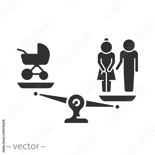 decline birthrate icon, demographic problem, growth pension people or old, flat vector illustration