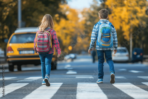 Girl And Boy With Backpacks...