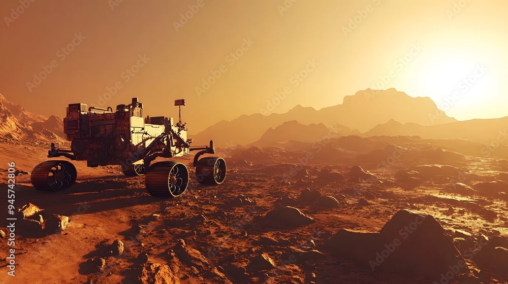 11. The surface of Mars with a rover exploring the rocky terrain 11. The surface of Mars with a rover exploring the rocky terrain