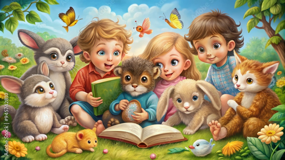Adorable children surrounded by cuddly animals, including a fluffy rabbit, playful monkey, and curious kitten, all gathered around a colorful, whimsical storybook scene. Adorable children surrounded by cuddly animals, including a fluffy rabbit, playful monkey, and curious kitten, all gathered around a colorful, whimsical storybook scene.