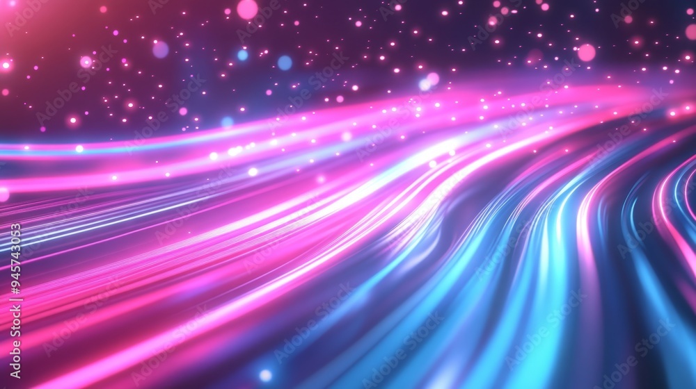 Futuristic abstract background with pink and blue neon waves and bokeh lights illustrating data flow Futuristic abstract background with pink and blue neon waves and bokeh lights illustrating data flow
