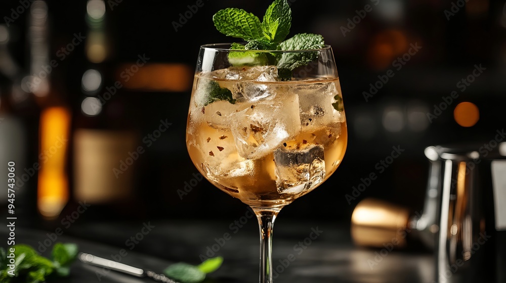 Fototapeta premium Indulge in the tantalizing Spring Melody cocktail. Crafted with cognac, liqueur, prosecco or sparkling wine, this libation is served chilled in a wine glass with ice and fresh mint.