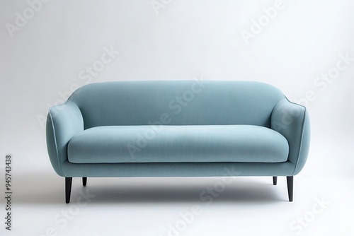 A stylish blue sofa with a modern design and smooth fabric.