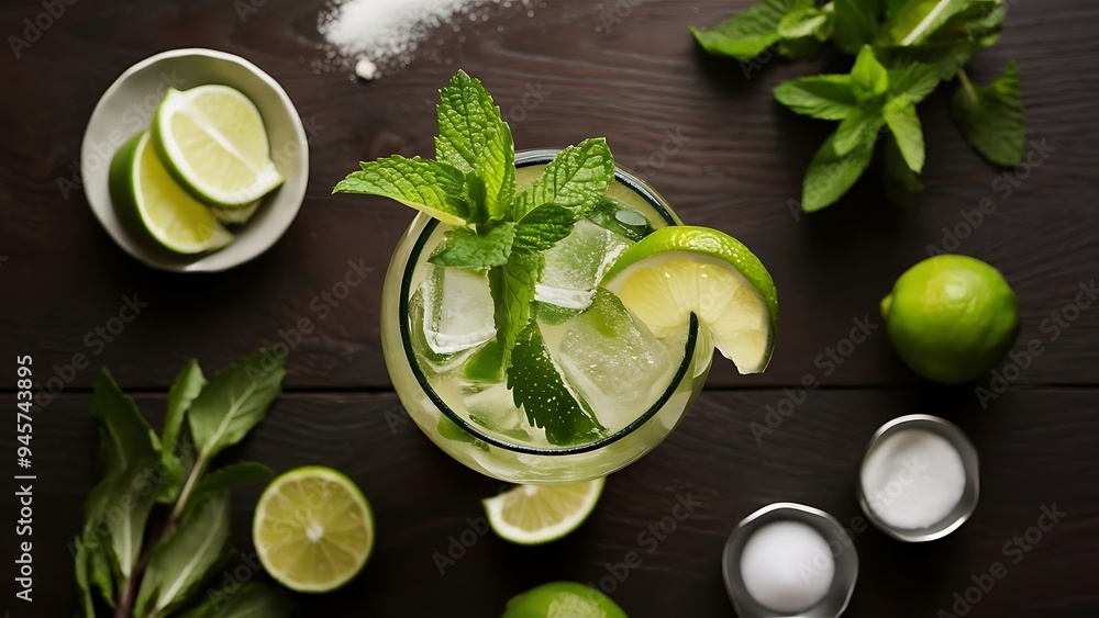 Top view of mojito cocktail in glass and fresh ingredients on dark wooden table top, cocktail drinks concept Top view of mojito cocktail in glass and fresh ingredients on dark wooden table top, cocktail drinks concept
