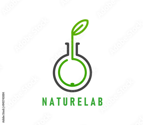 Nature lab icon or green leaf in laboratory flask for bio organic products, vector emblem. Green plant leaf in laboratory test tube icon for eco production company, healthcare or pharmacy badge