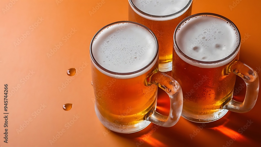 Mugs of cold beer with froth on orange background Mugs of cold beer with froth on orange background
