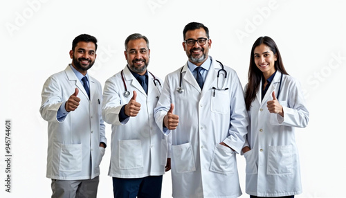 Indian/asian doctors group photo showing success/thumbs up sign. standing isolated over white background. selective focus