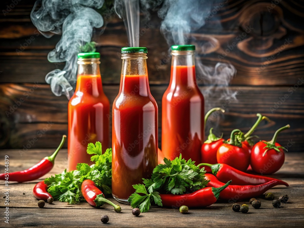 Vibrant red hot sauce bottles with steam rising, surrounded by sliced jalapeños and fresh cilantro, on a rustic wooden table, evoking spicy culinary excitement. Vibrant red hot sauce bottles with steam rising, surrounded by sliced jalapeños and fresh cilantro, on a rustic wooden table, evoking spicy culinary excitement.