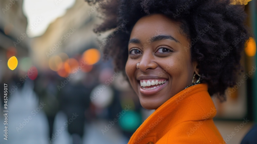 A joyful woman in a stylish afro smiles in a vibrant orange coat A joyful woman in a stylish afro smiles in a vibrant orange coat
