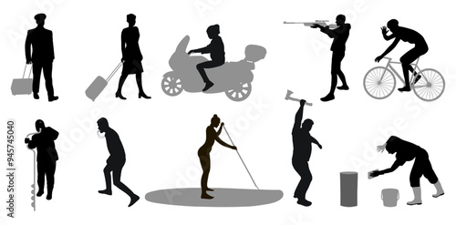 Silhouettes of people of different professions, men and women