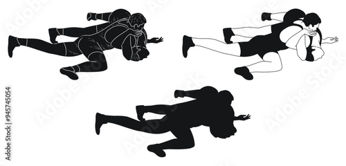 Group of wrestlers in combat attack, Greco Roman wrestling, silhouette set