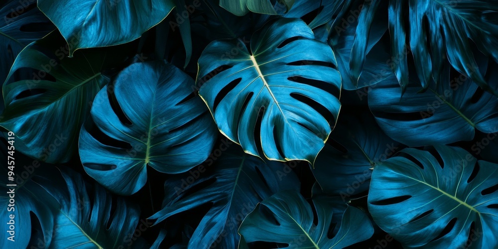 Vibrant tropical leaves illuminated with blue and green lighting in a lush rainforest setting Vibrant tropical leaves illuminated with blue and green lighting in a lush rainforest setting