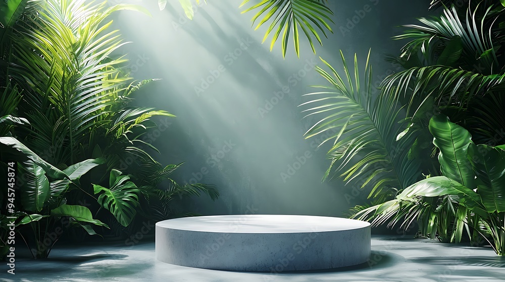 A tropical jungle scene with a concrete pedestal, light rays filtering through the dense foliage. A tropical jungle scene with a concrete pedestal, light rays filtering through the dense foliage.