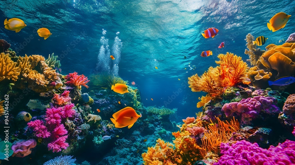 Naklejka premium 20. The vibrant colors and textures of a coral reef teeming with marine life