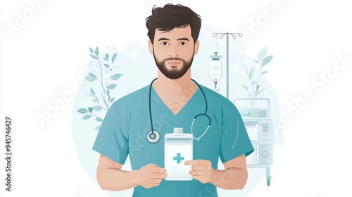 A male healthcare professional in scrubs holding a medication bottle, representing patient care and medical service in a clinic. photo