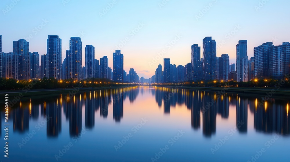 City skyline at dusk with glowing skyscrapers reflecting on a calm river, urban glowtime, serene and modern City skyline at dusk with glowing skyscrapers reflecting on a calm river, urban glowtime, serene and modern