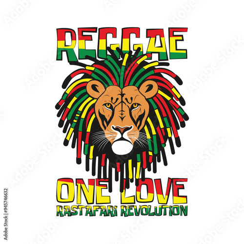 A cool Rastafarian lion with colorful dreadlocks and inspirational motivational quote reggae one love rastafari revolution. Vector illustration for tshirt, clip art, poster and print on demand merch.