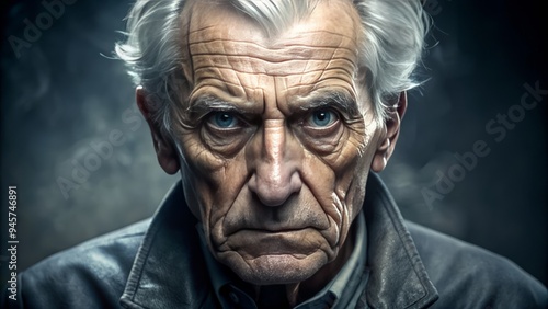 An elderly gentleman with a weathered face and gray hair cowers in fear, eyes wide with terror, as he backs away from an unseen threat.