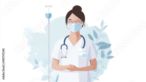 A skilled nurse stands confidently, wearing a mask and scrubs, ready to provide care amidst a calming background. photo