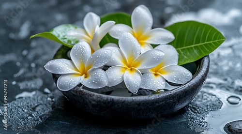 White frangipani flowers with dew drops resting in a stone bowl, a serene spa moment.