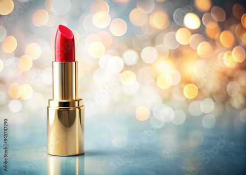 Vibrant red lipstick stands out against a soft, blurred background of pastel hues, evoking a sense of elegance and sophistication in a minimalist setting.