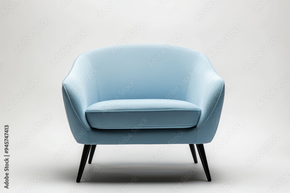 A stylish light blue armchair with black legs, ideal for modern interiors. A stylish light blue armchair with black legs, ideal for modern interiors.