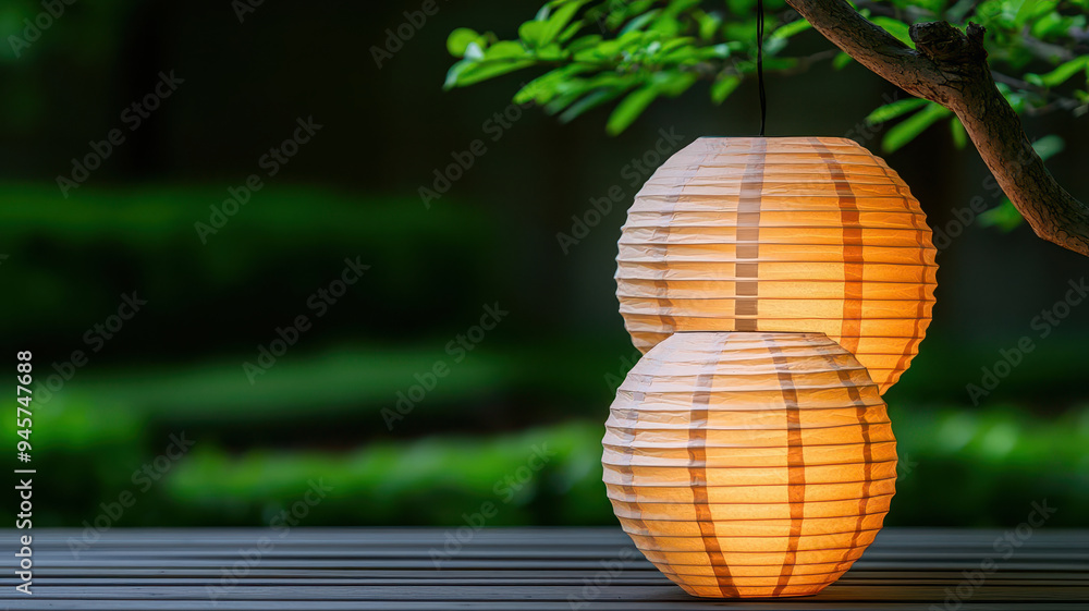 Fototapeta premium Glowing paper lanterns in a tranquil night garden, capturing a sense of peace, garden glowtime, soft and calming