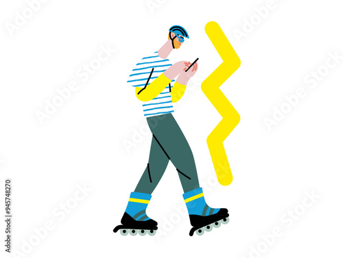 Creative workspace, modern flat vector concept illustration of a man working rollerblading with a phone, Remote work, flexibility, independence, efficiency, mobility, synergy, freedom