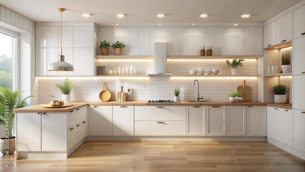 aquíClean and minimalist white kitchen background with warm lighting, pristine countertops, and simple cabinetry, perfect for showcasing food, products, or recipes. aquíClean and minimalist white kitchen background with warm lighting, pristine countertops, and simple cabinetry, perfect for showcasing food, products, or recipes.