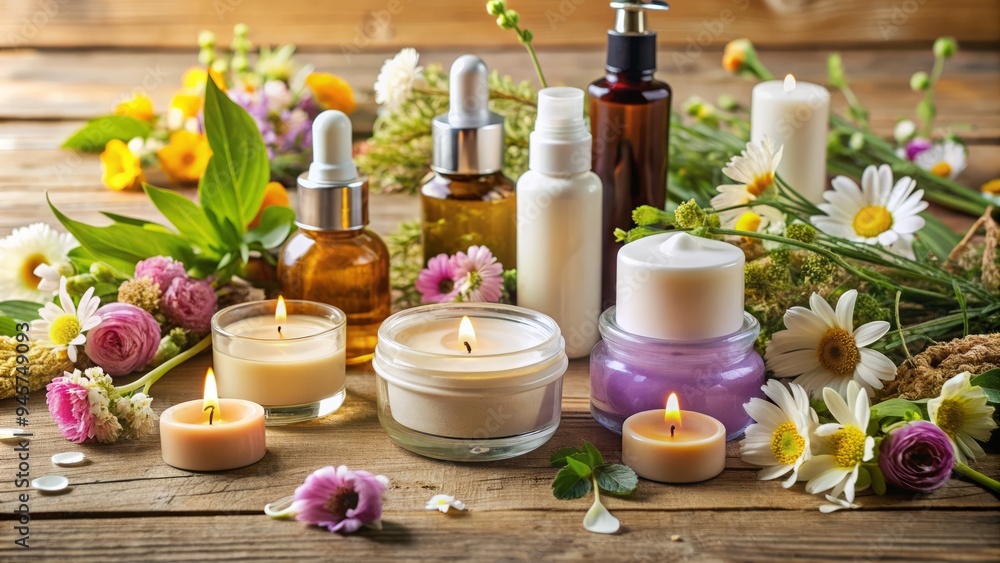 Array of skincare products on a wooden table, including serums, moisturizers, and exfoliators, surrounded by fresh flowers and a candle, conveying relaxation and rejuvenation. Array of skincare products on a wooden table, including serums, moisturizers, and exfoliators, surrounded by fresh flowers and a candle, conveying relaxation and rejuvenation.