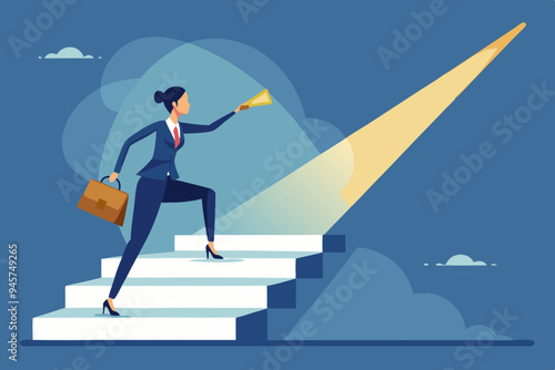 Career guidance or advice to step up career path, business direction or spotlight to success, discover talent or job candidate concept, flashlight staircase light beam to step up for businesswoman. 