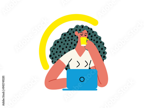 Creative workspace, modern flat vector concept illustration of a woman drinking coffee working sitting with a computer Remote work, flexibility, independence, efficiency, mobility, synergy, freedom