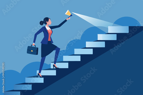 Career guidance or advice to step up career path, business direction or spotlight to success, discover talent or job candidate concept, flashlight staircase light beam to step up for businesswoman.
