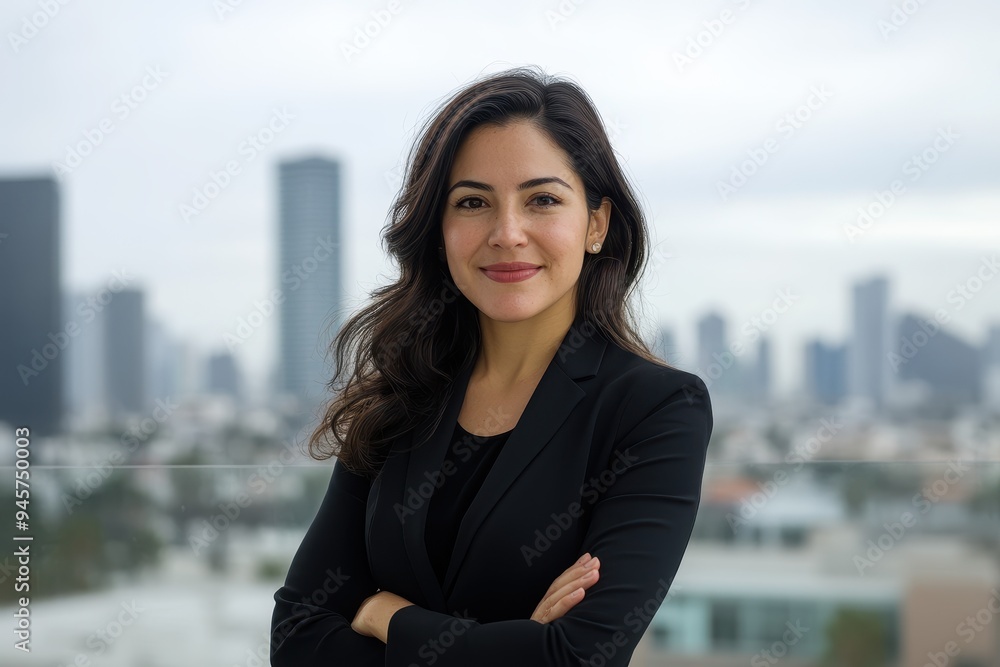 Fototapeta premium Latina Business Leader: A portrait of a successful Latina businesswoman, possibly with a cityscape or modern office in the background.