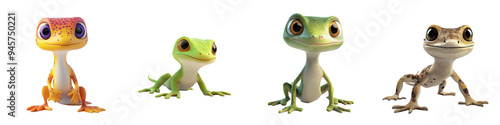 A colorful illustration of four charming cartoon geckos posing together, showcasing their unique designs and vibrant colors.