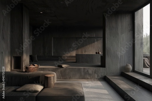 Black living room in a earthy interior design architecture furniture building.