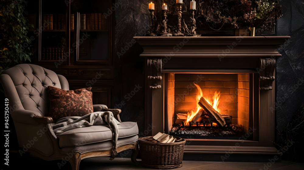 Cozy fireplace nook with plush furnishings Cozy fireplace nook with plush furnishings
