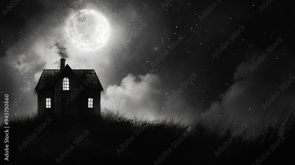 Halloween Eerie Haunted House Silhouette in Surreal Night Sky Halloween Eerie Haunted House Silhouette in Surreal Night Sky