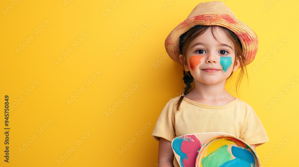 little girl with painted face, child holding a palette, artist, creativity little girl with painted face, child holding a palette, artist, creativity