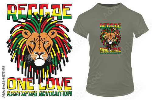 A cool Rastafarian lion with colorful dreadlocks and inspirational motivational quote reggae one love rastafari revolution. Vector illustration for tshirt, clip art, poster and print on demand merch.