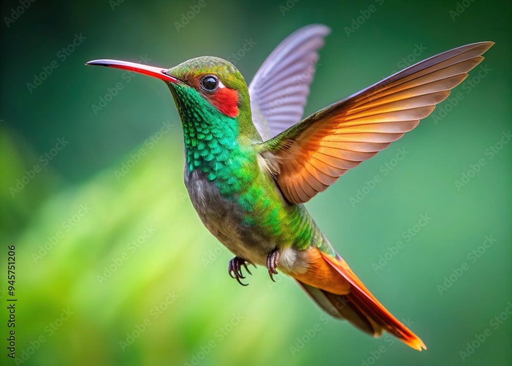 Fototapeta premium Vibrant rufous-tailed hummingbird with iridescent-green feathers, bright orange throat patch, and slender beak, hovered in mid-air, wings beating rapidly, against a blurred green background.