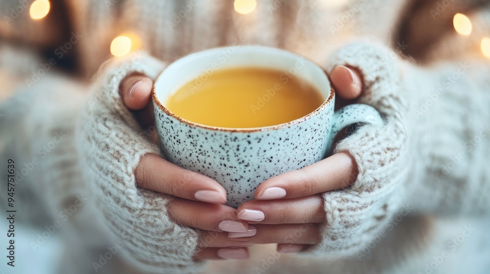 Close-up of hands holding a cup of warm beverage with blurry lights in the background. Close-up of hands holding a cup of warm beverage with blurry lights in the background.