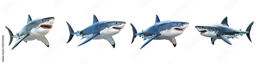 Obraz premium A stunning visual of four sharks showcasing their powerful features and predatory nature in clear detail.