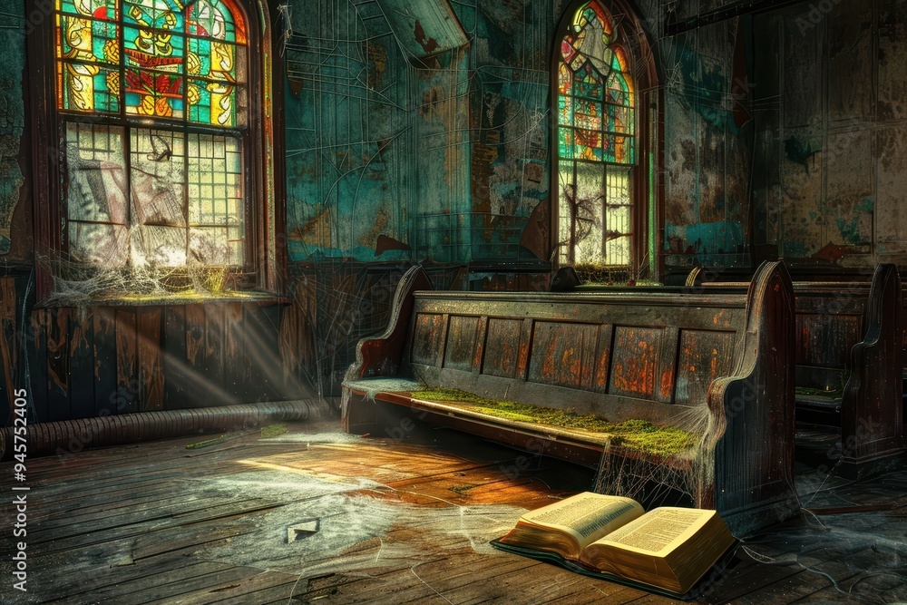 Obraz premium A long bench in an abandoned church
